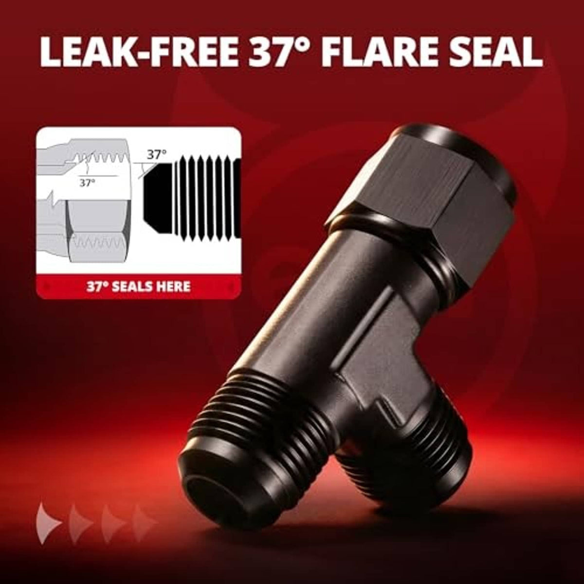 Black AN10 37-degree flare seal adapter with two threaded connections
