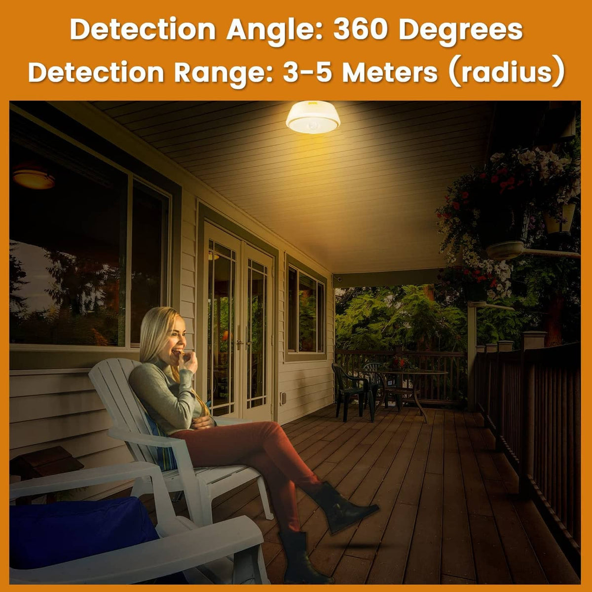 PIR motion sensor LED ceiling bulb mounted on an outdoor porch with warm light glow