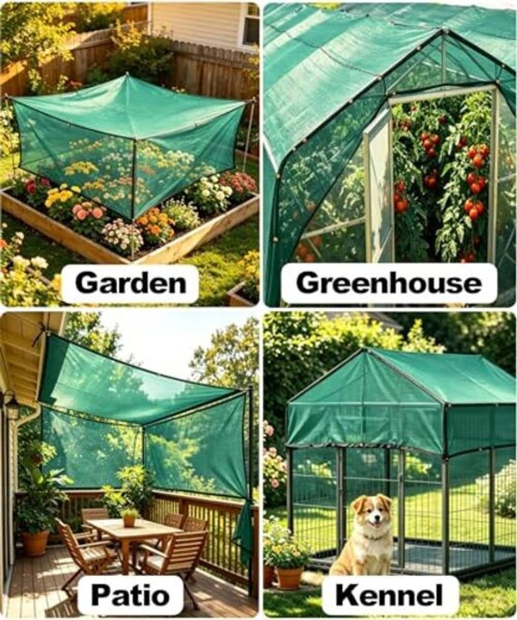 Green shade netting canopy shown on outdoor frames in multiple views