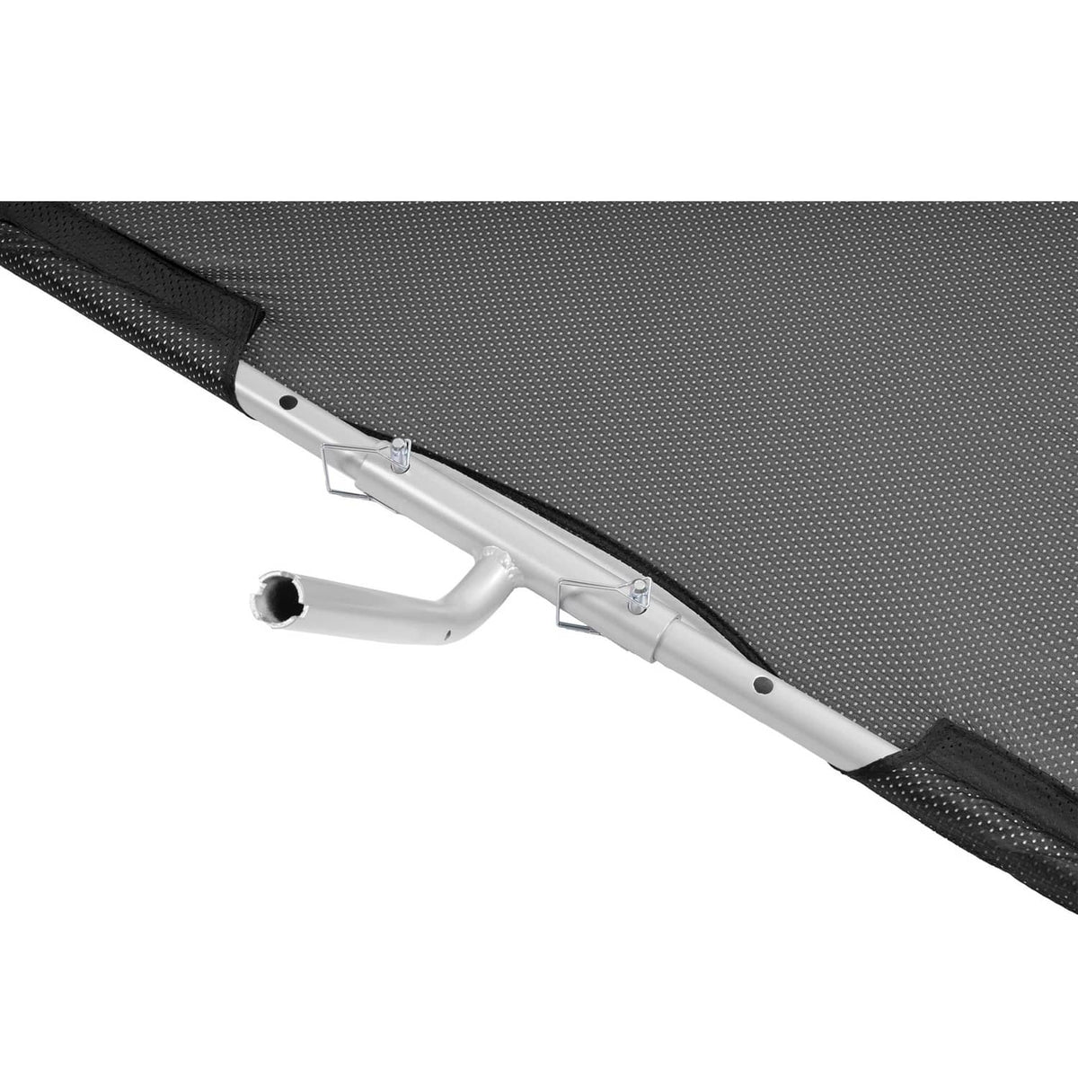 Boat sun shade mounting arms with dark mesh canopy on silver aluminum frame