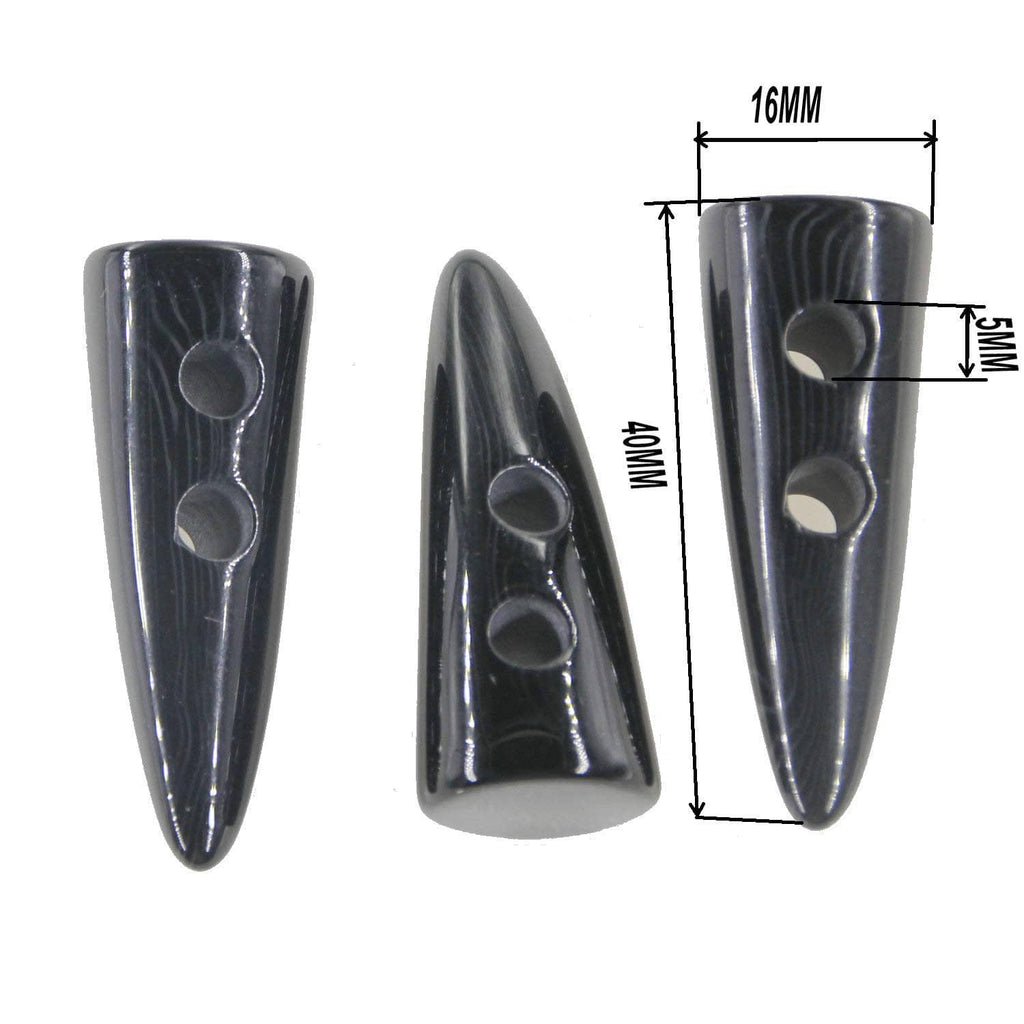 Black resin horn-shaped two-hole toggle buttons with size dimensions