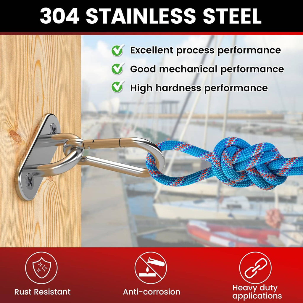 Stainless steel pad eye hook on wood panel with chain and braided rope