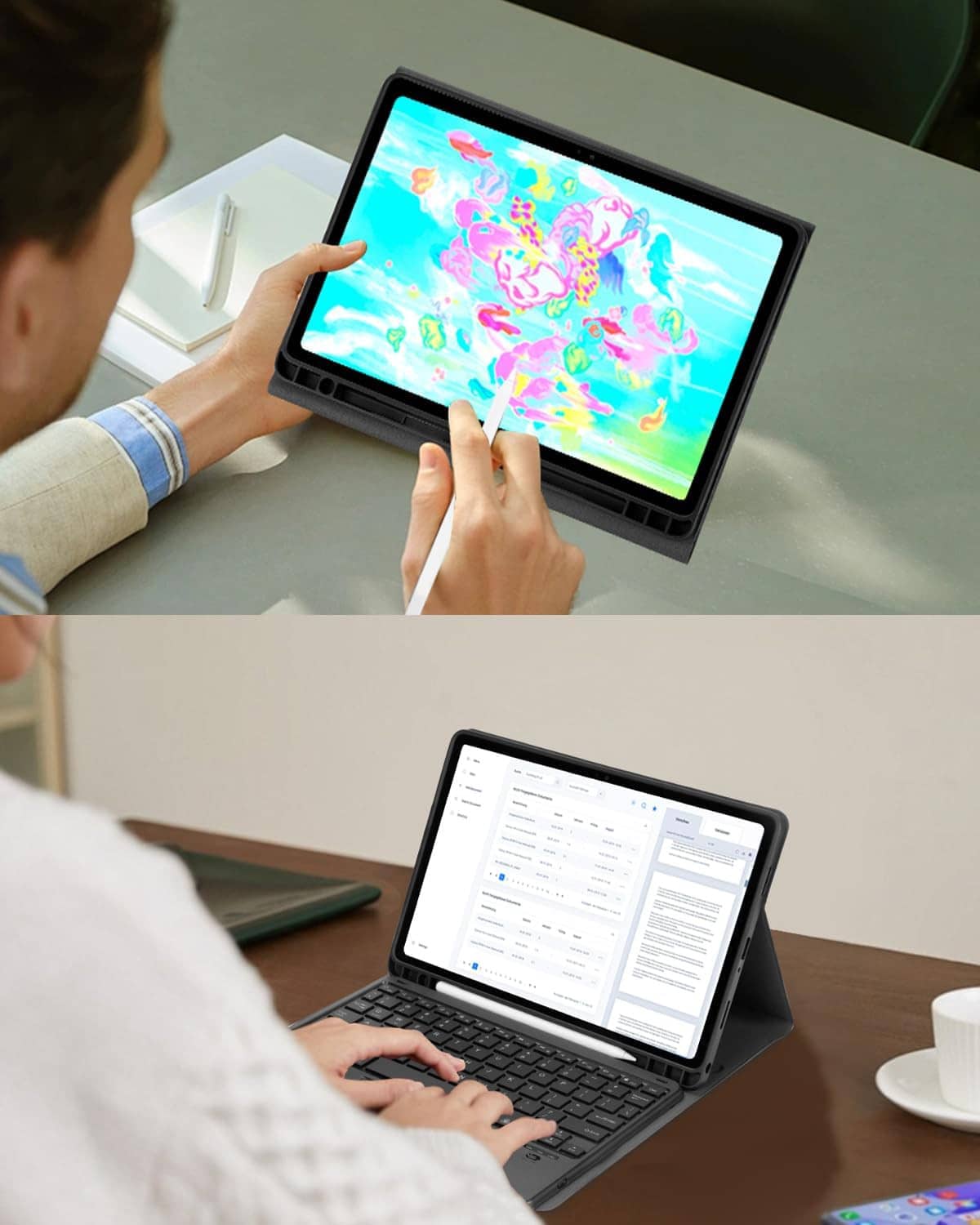 Black touchpad keyboard case in use with tablet on desk for typing