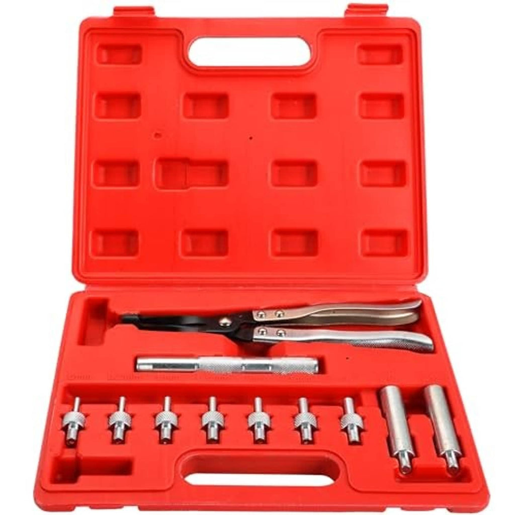 Red tool kit case with valve stem seal pliers, sockets, and adapter set