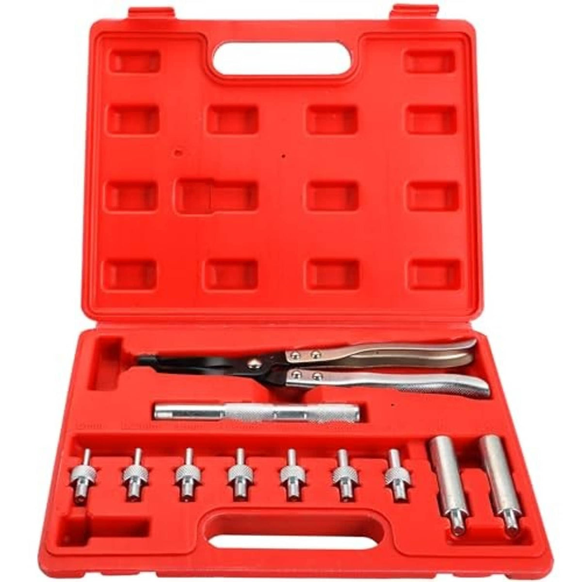 Red tool kit case with valve stem seal pliers, sockets, and adapter set