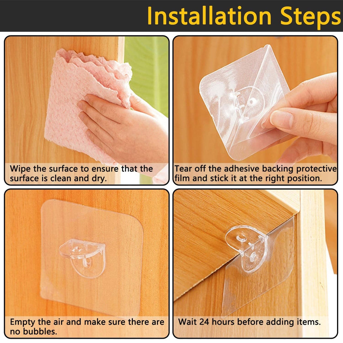 Clear adhesive shelf support peg bracket with protective backing