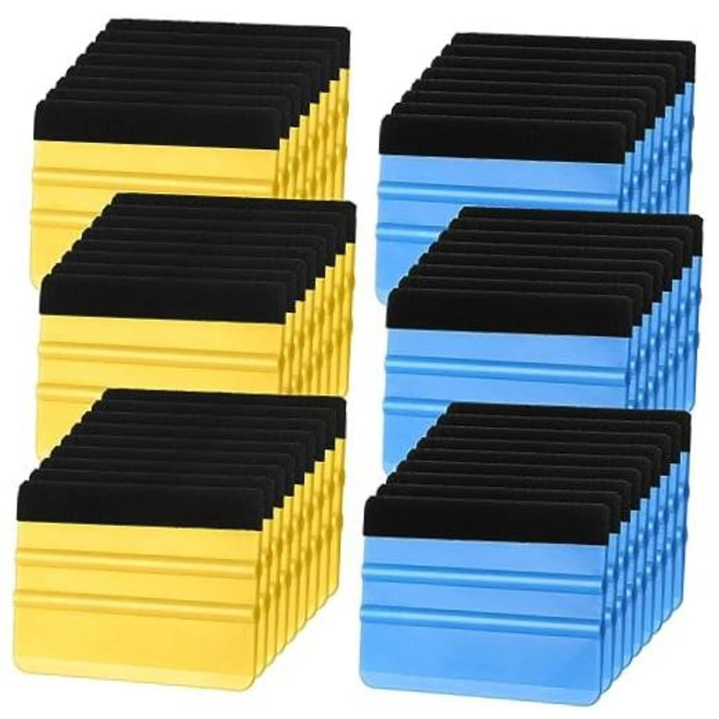 Plastic vinyl squeegee set, yellow and blue with felt edge, 4 inch blades