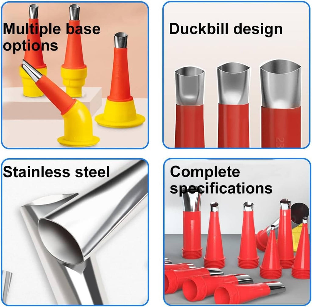 Stainless steel caulk nozzle tips set with multiple base options and duckbill design