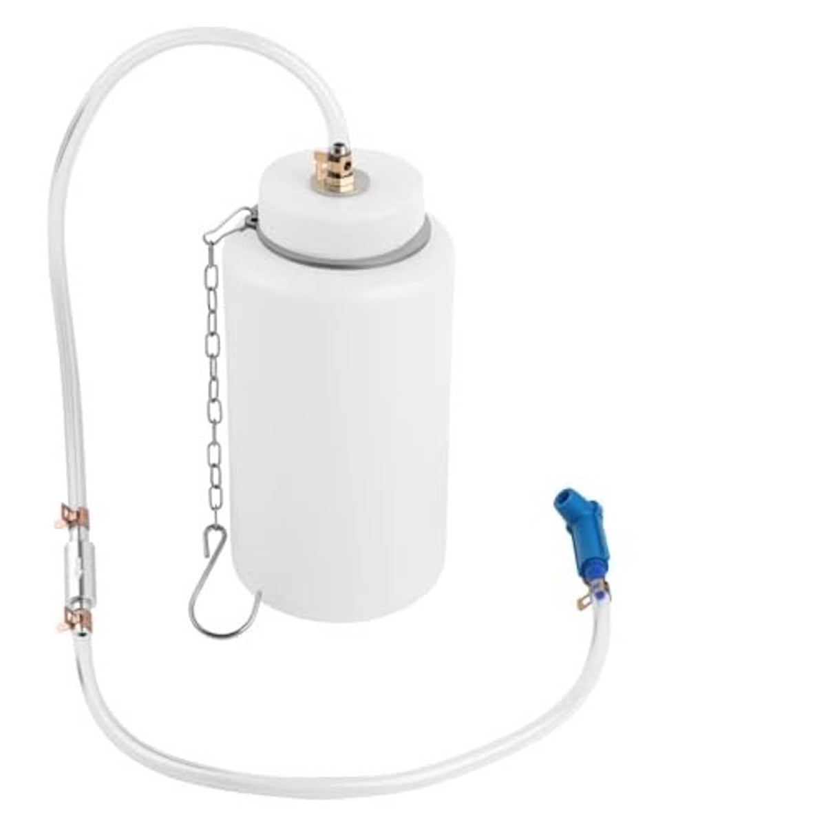 White brake bleeder bottle with long hose, chain hanger, and blue quick connector fitting