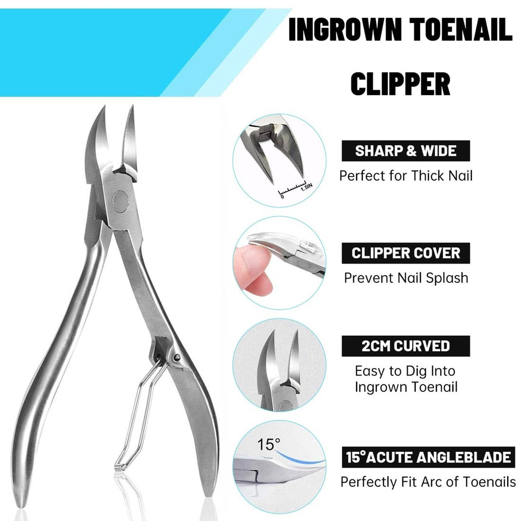 Ingrown toenail clipper with sharp curved blades and attached protective cover