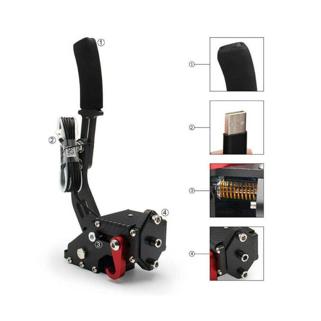 PC USB handbrake controller with black lever and metal mounting base, red accent lever piece