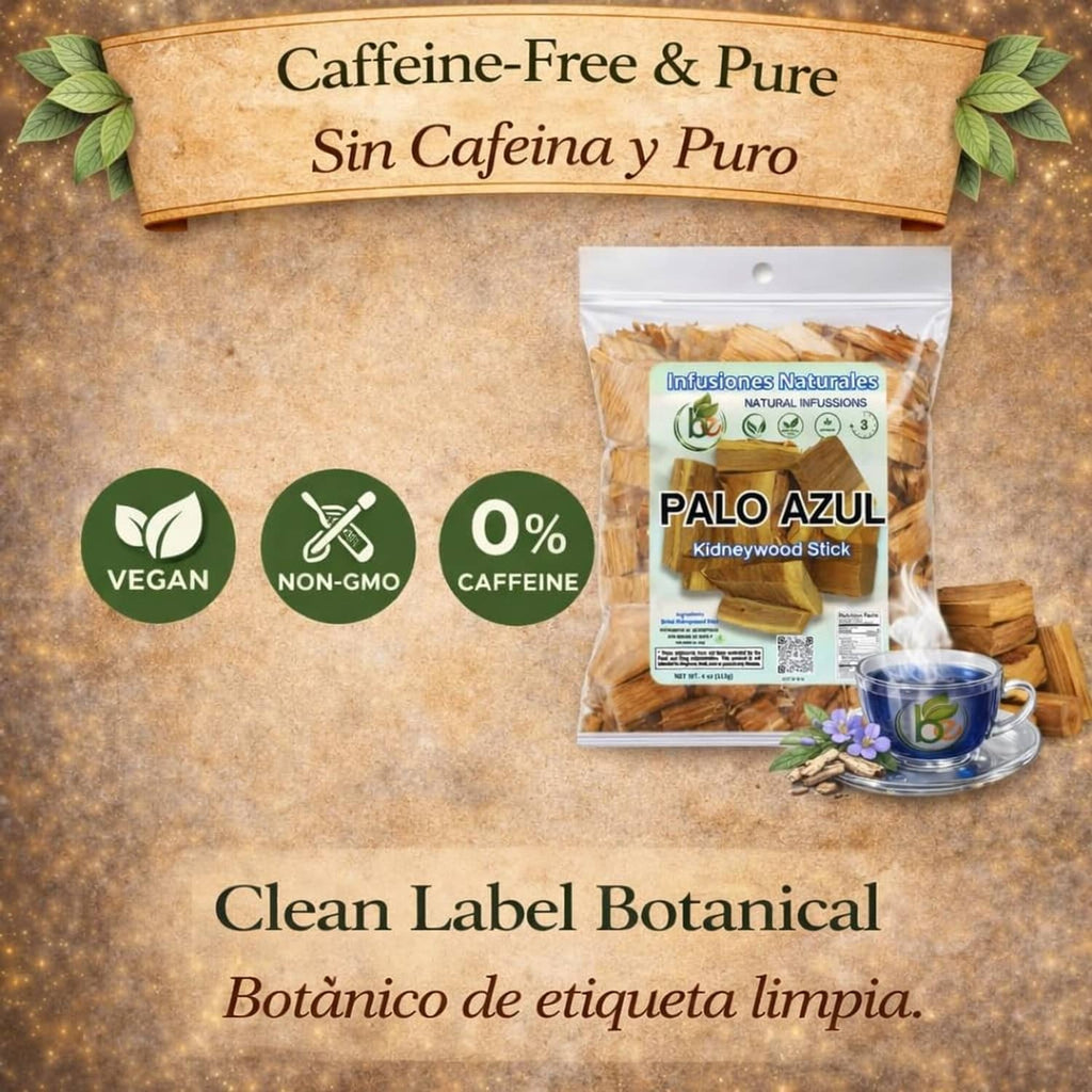 Palo Azul herbal tea pouch with caffeine-free vegan icons and a cup