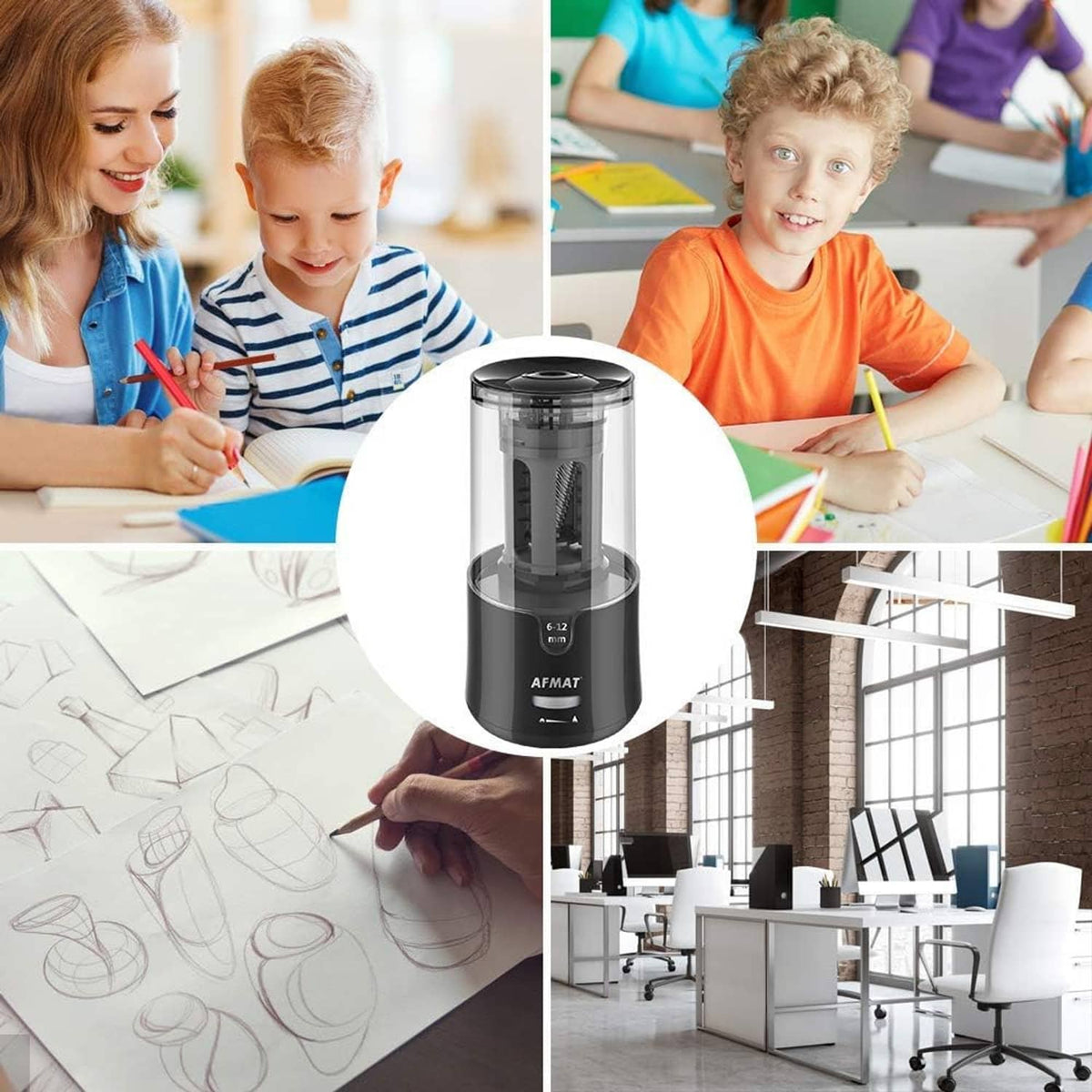 Electric pencil sharpener used for classroom drawing with kids and a compact sharpener