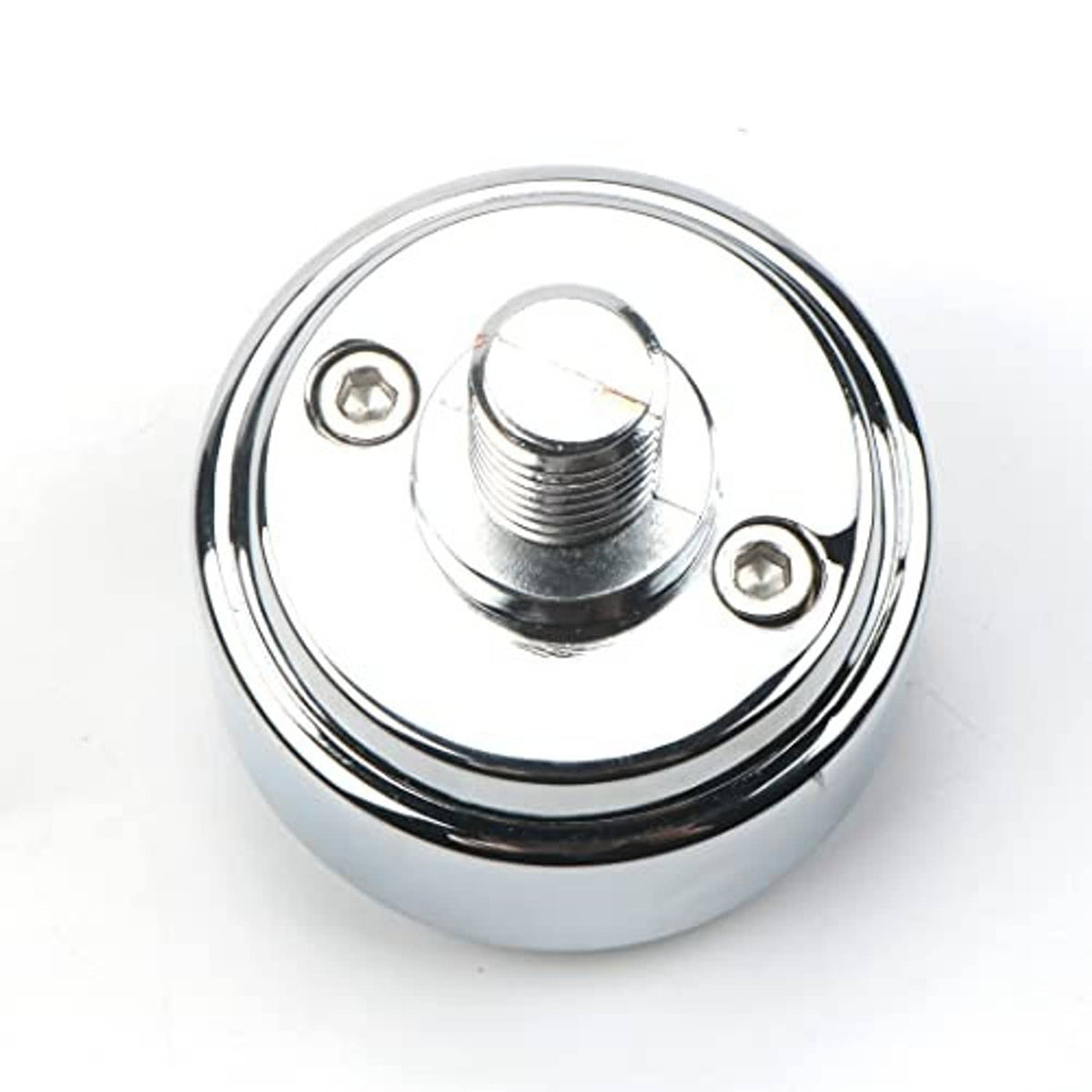Chrome mounting adapter underside with central threaded hole and screw recesses