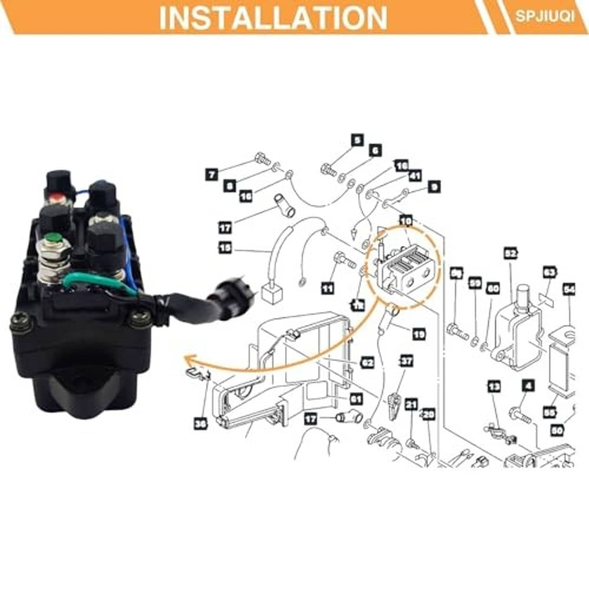 12V power trim tilt relay installation diagram with numbered parts