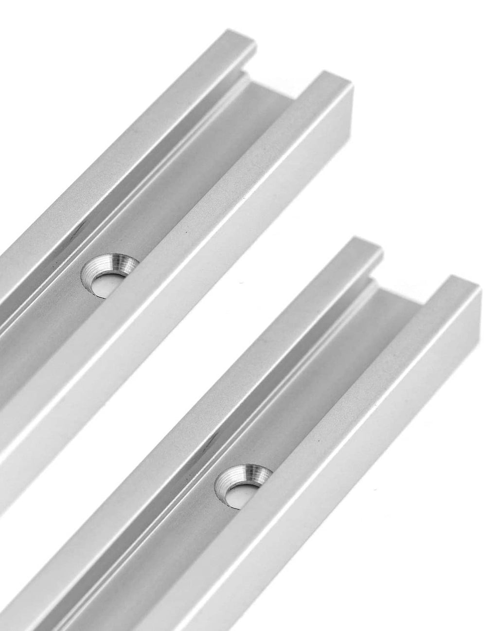 Aluminum T-track rail pair, silver metal channels with circular mounting holes