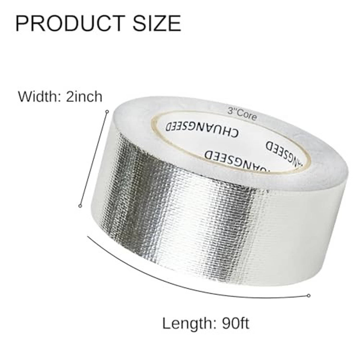 Silver heat shield tape roll showing 2-inch width and 90-ft length
