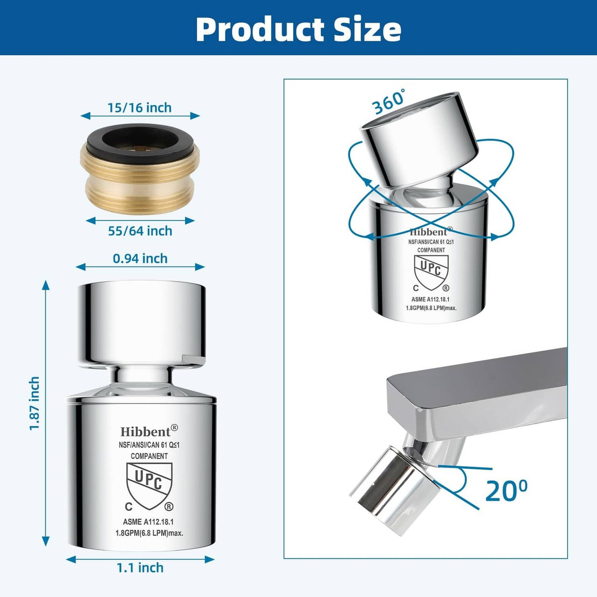 Chrome faucet aerator product size, 360° swivel, 1.8 in height shown