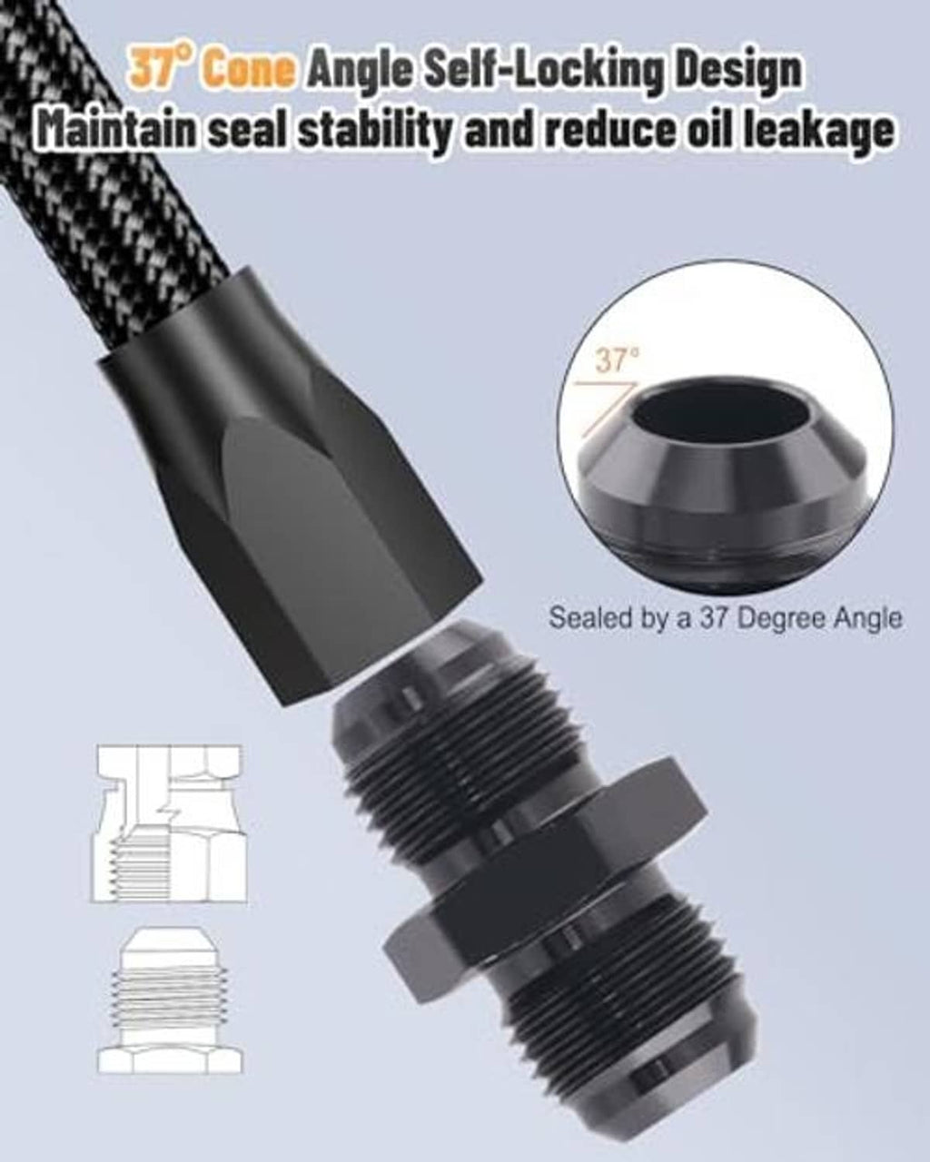 Black 37-degree flare coupler union with angled sealing seat and threaded ends