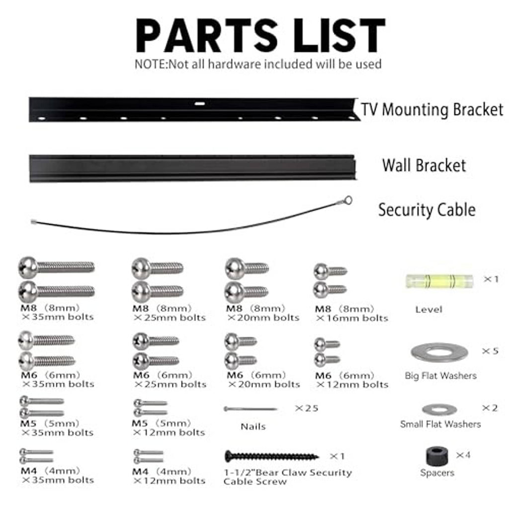 TV wall mount parts list with black mounting bracket, wall bar, and hardware pieces