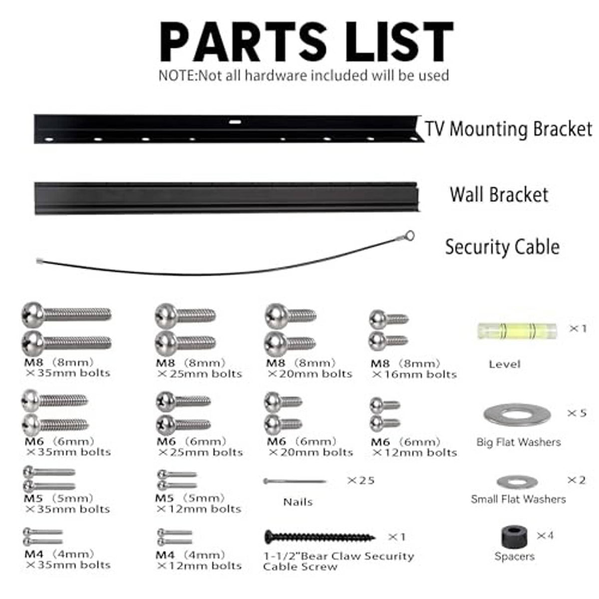 TV wall mount parts list with black mounting bracket, wall bar, and hardware pieces