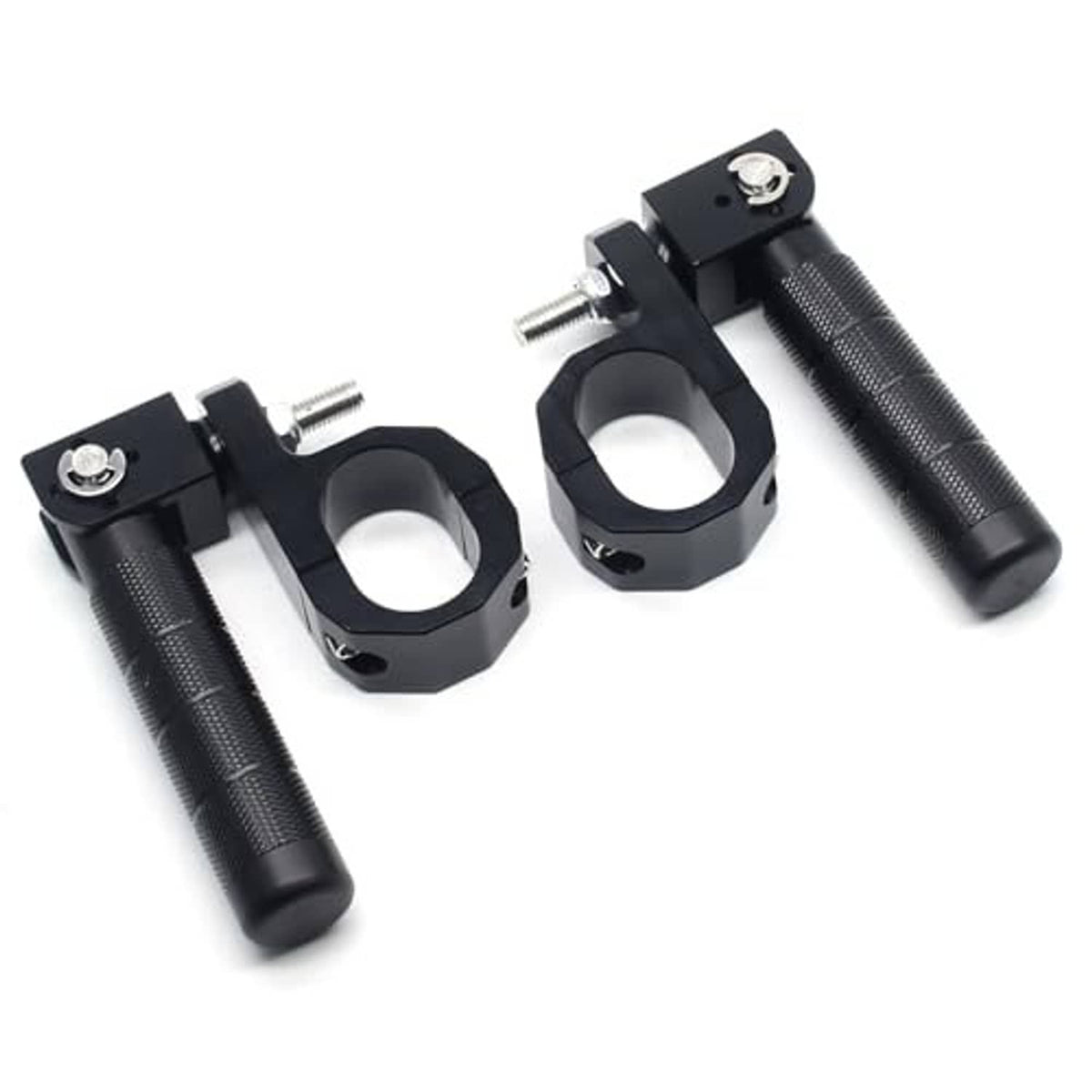 Motorcycle passenger footrest and peg set, black with textured bars and circular bolt heads.