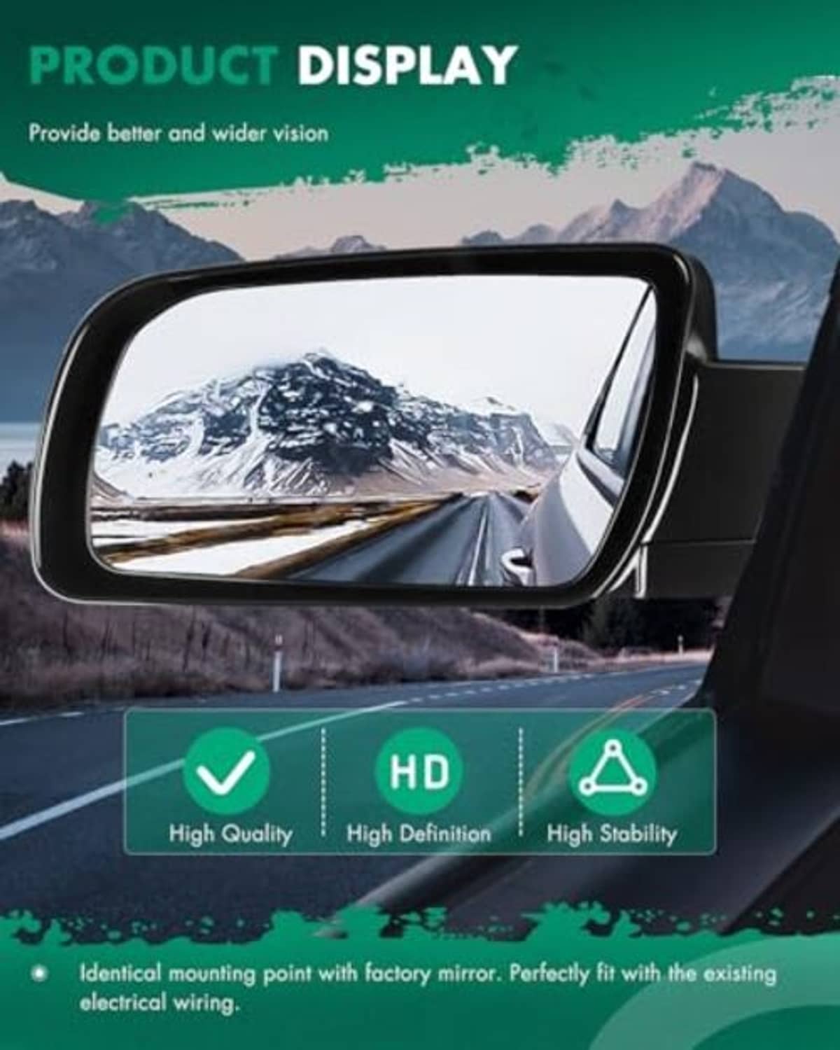 Driver-side mirror display with curved glass reflecting a wide road view