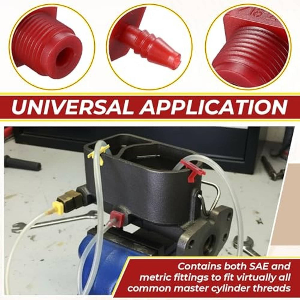 Red adapter nozzles and threaded bleeder fittings with clear hose and triangular clip