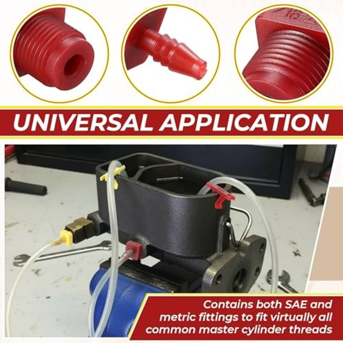 Red adapter nozzles and threaded bleeder fittings with clear hose and triangular clip