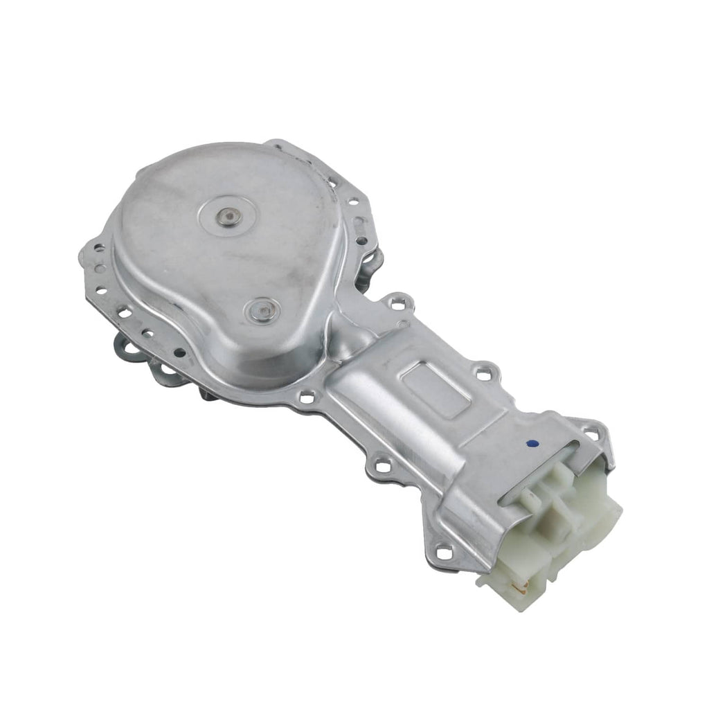 Power window lift motor with round cap, silver housing, and plastic connector end
