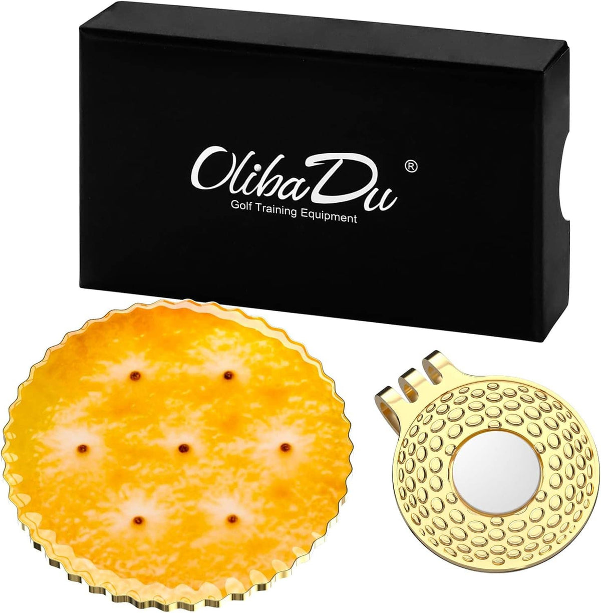 Gold textured golf ball marker with center insert and orange round marker