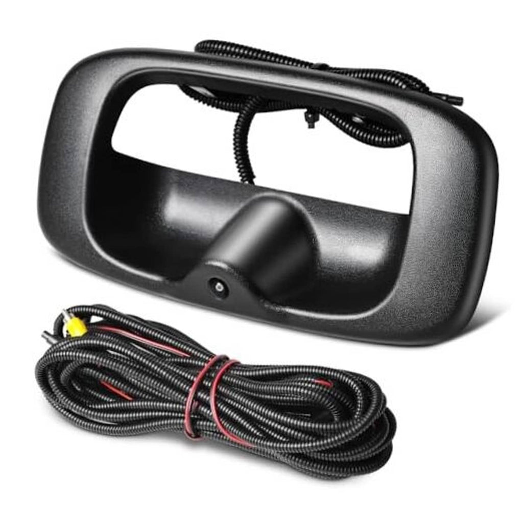 Tailgate handle backup camera with black housing and attached wiring harness
