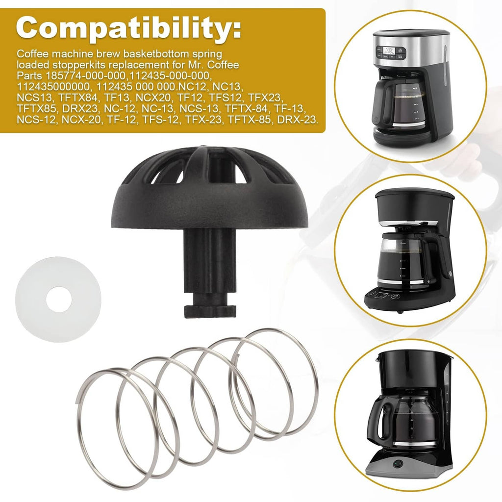 Black stopper cap and coil spring with two white gasket discs, kit layout