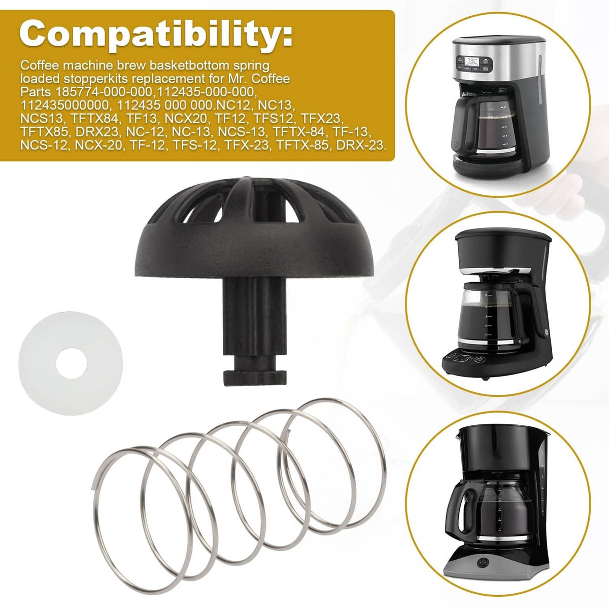 Black stopper cap and coil spring with two white gasket discs, kit layout