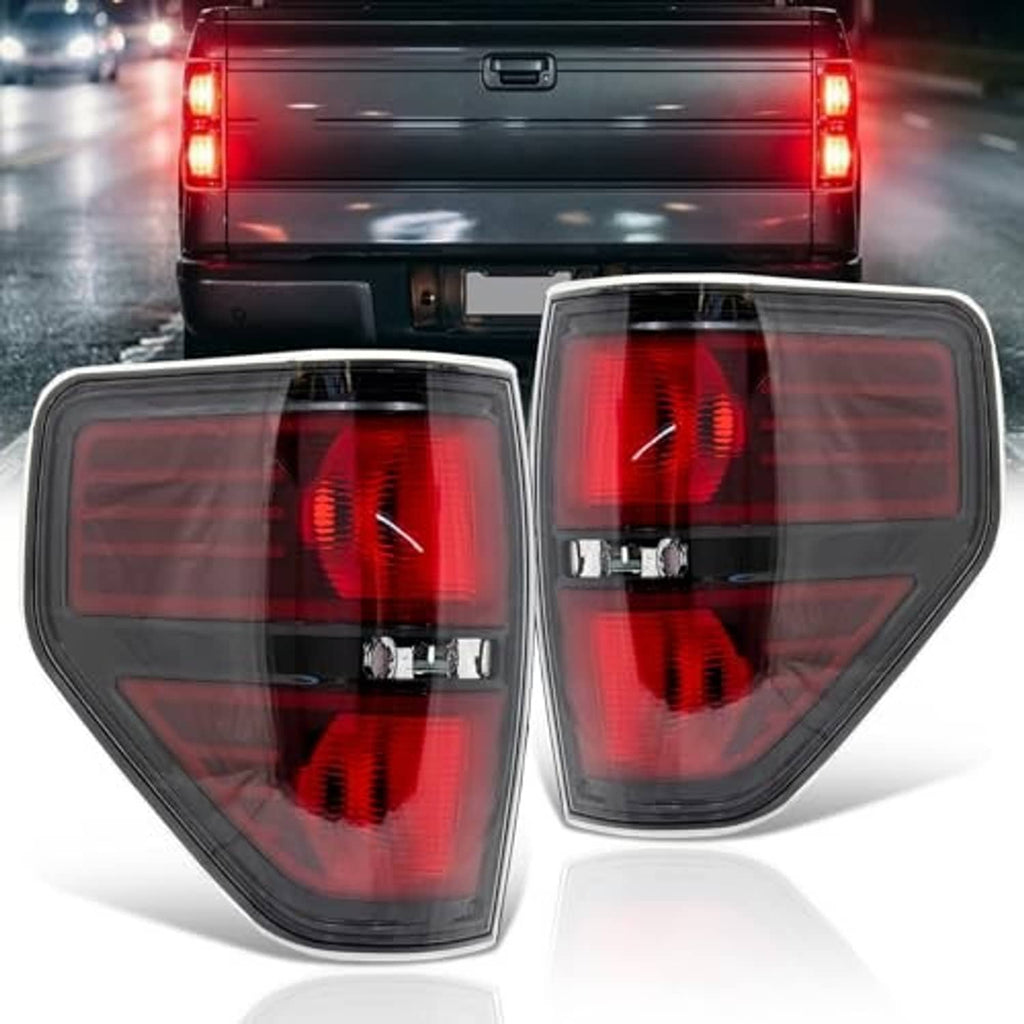 Smoked rear tail light assemblies set with red lenses and black housing trim