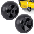 Pair of black lawn mower deck wheels with 5-inch rims and center hub