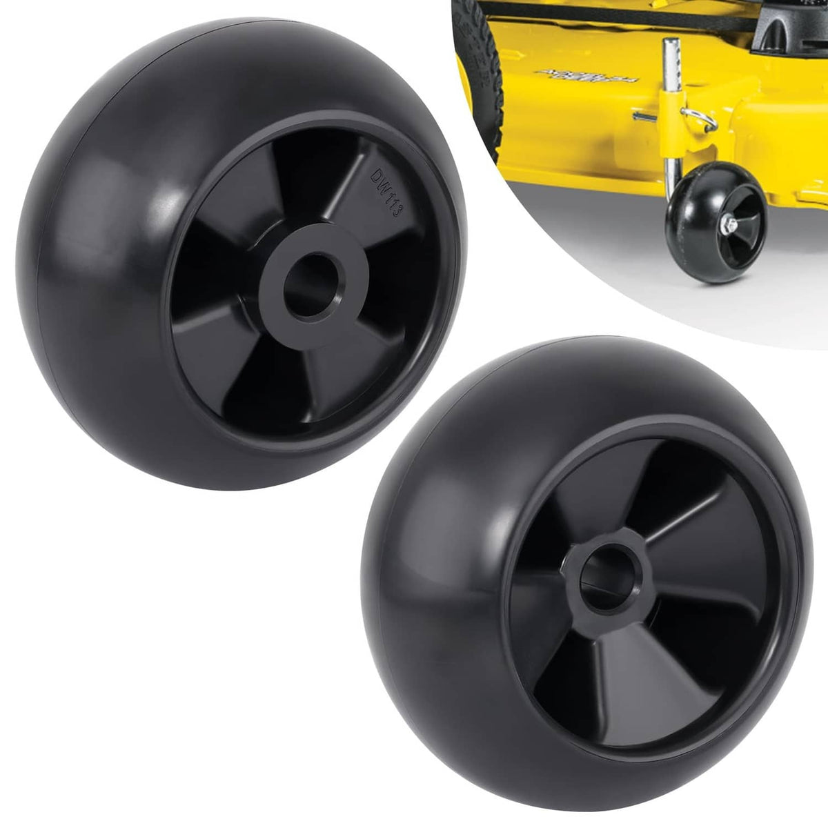 Pair of black lawn mower deck wheels with 5-inch rims and center hub