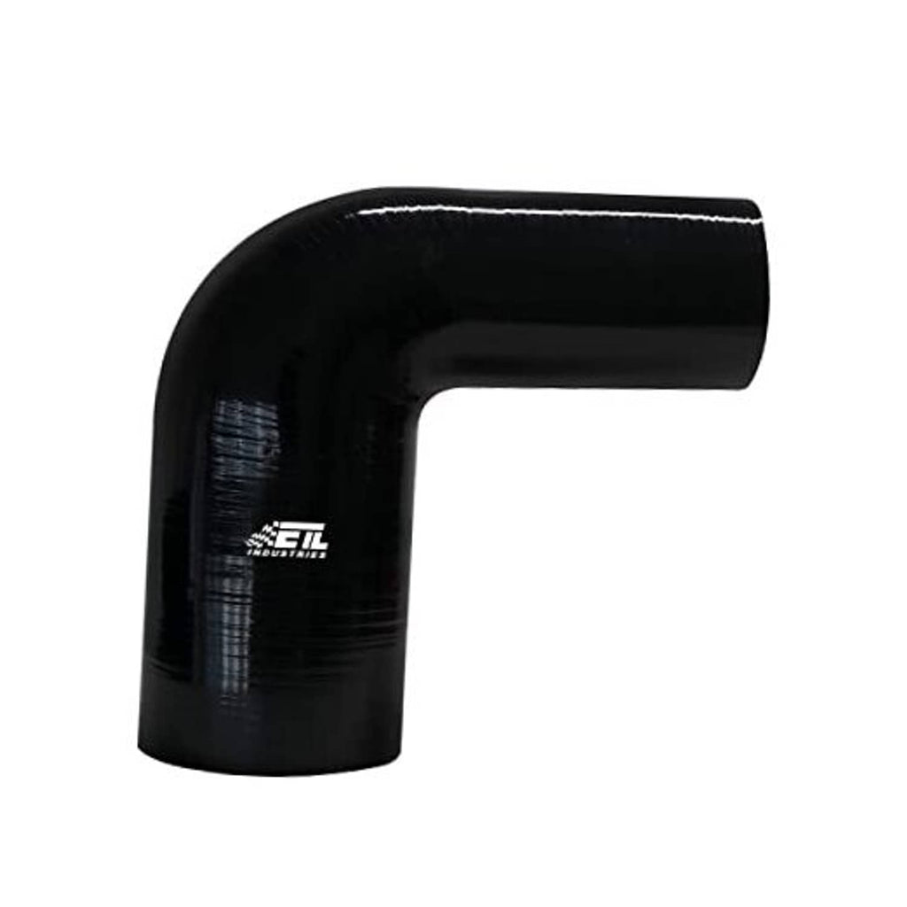 Black 90-degree silicone reducer hose elbow, 2.75 in to 3 in ID, short leg