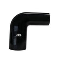 Black 90-degree silicone reducer hose elbow, 2.75 in to 3 in ID, short leg