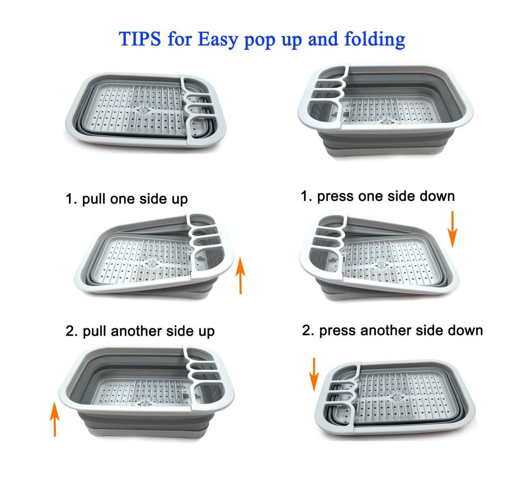 Gray collapsible dish drainer tray in folded and unfolded positions with side handles