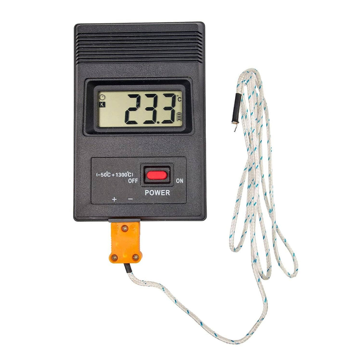 Digital thermocouple thermometer with display, orange connector, and braided probe wires