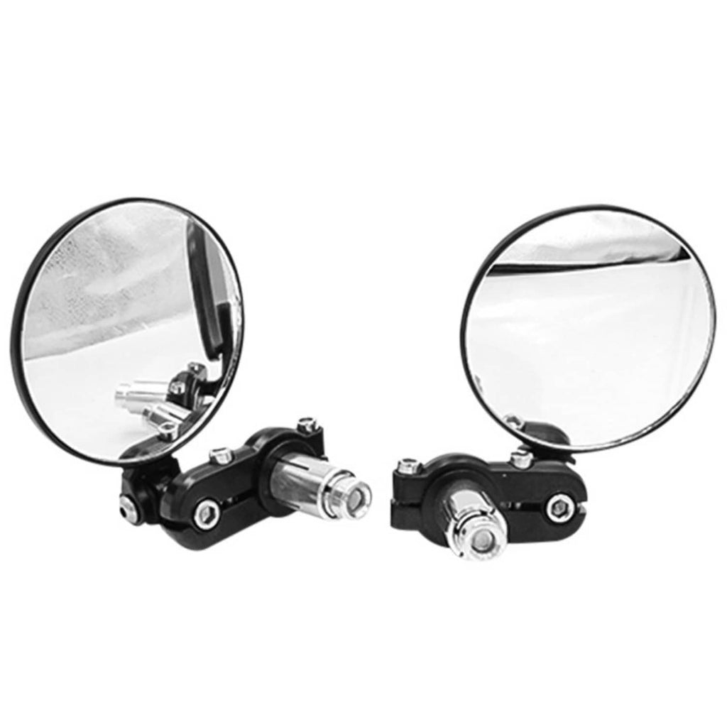 Motorcycle bar-end mirrors with clear glass lenses and black mounting brackets