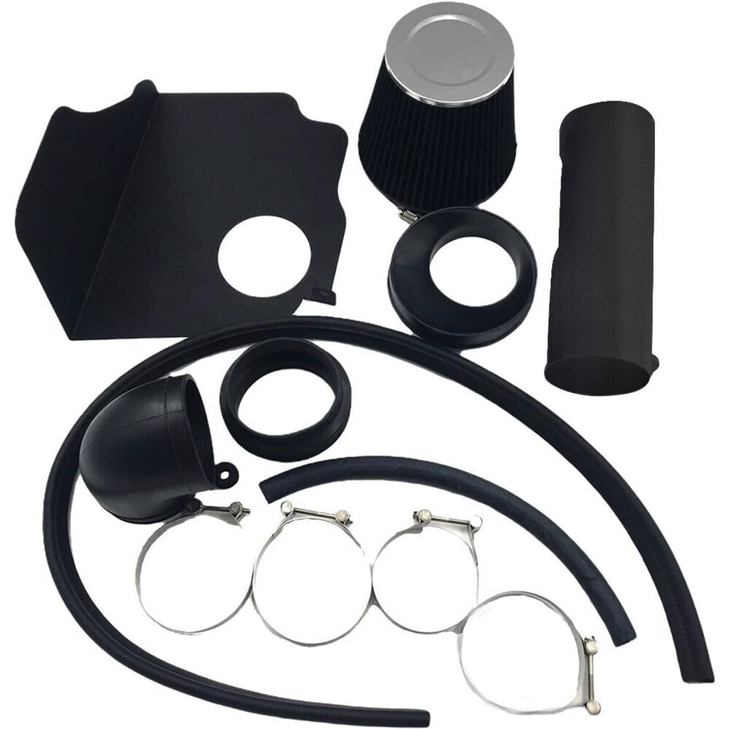 Intake kit bundle with black filter, heat shield panels, multiple hoses, and clamps