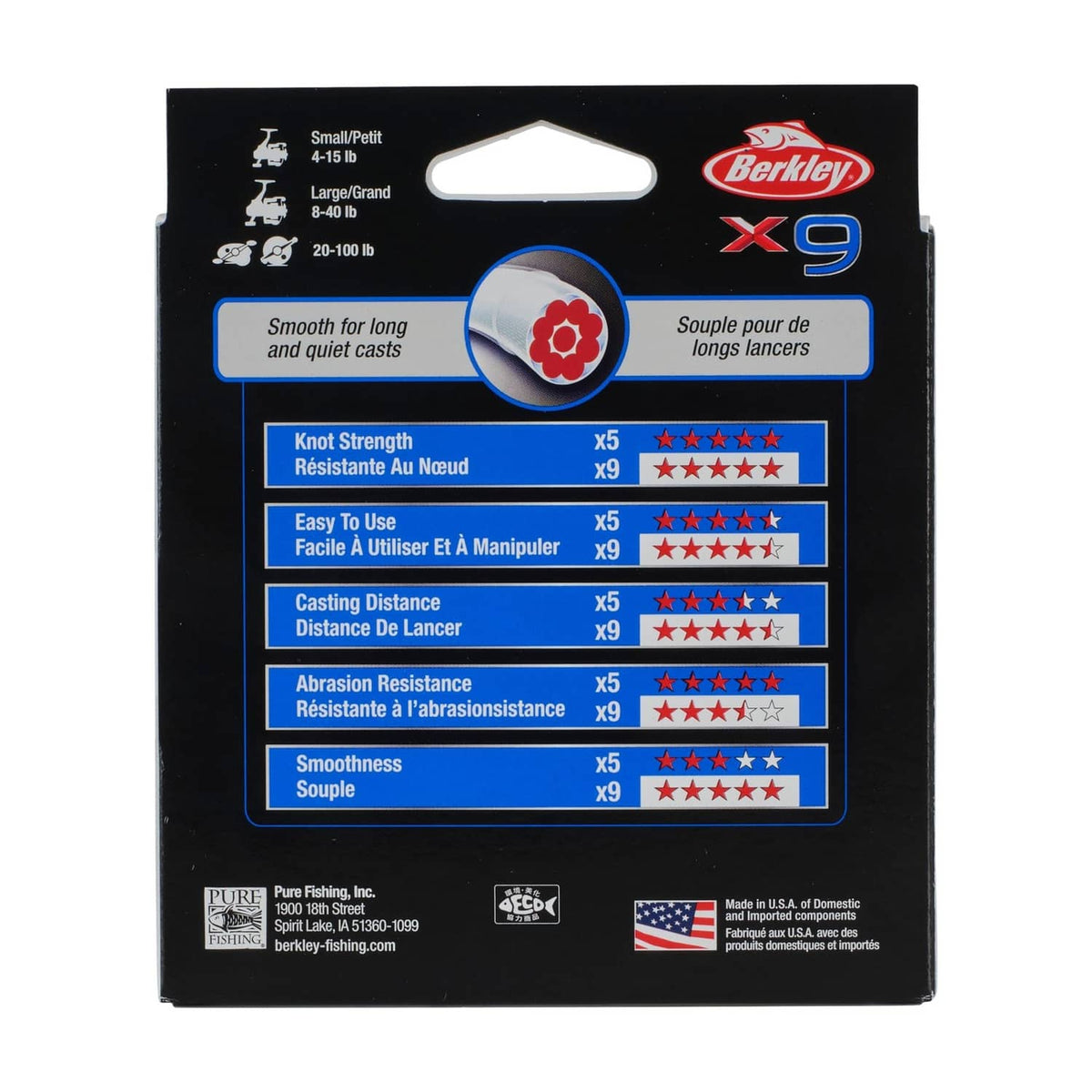 Berkley X9 fishing line box panel with smooth casting and abrasion resistance ratings