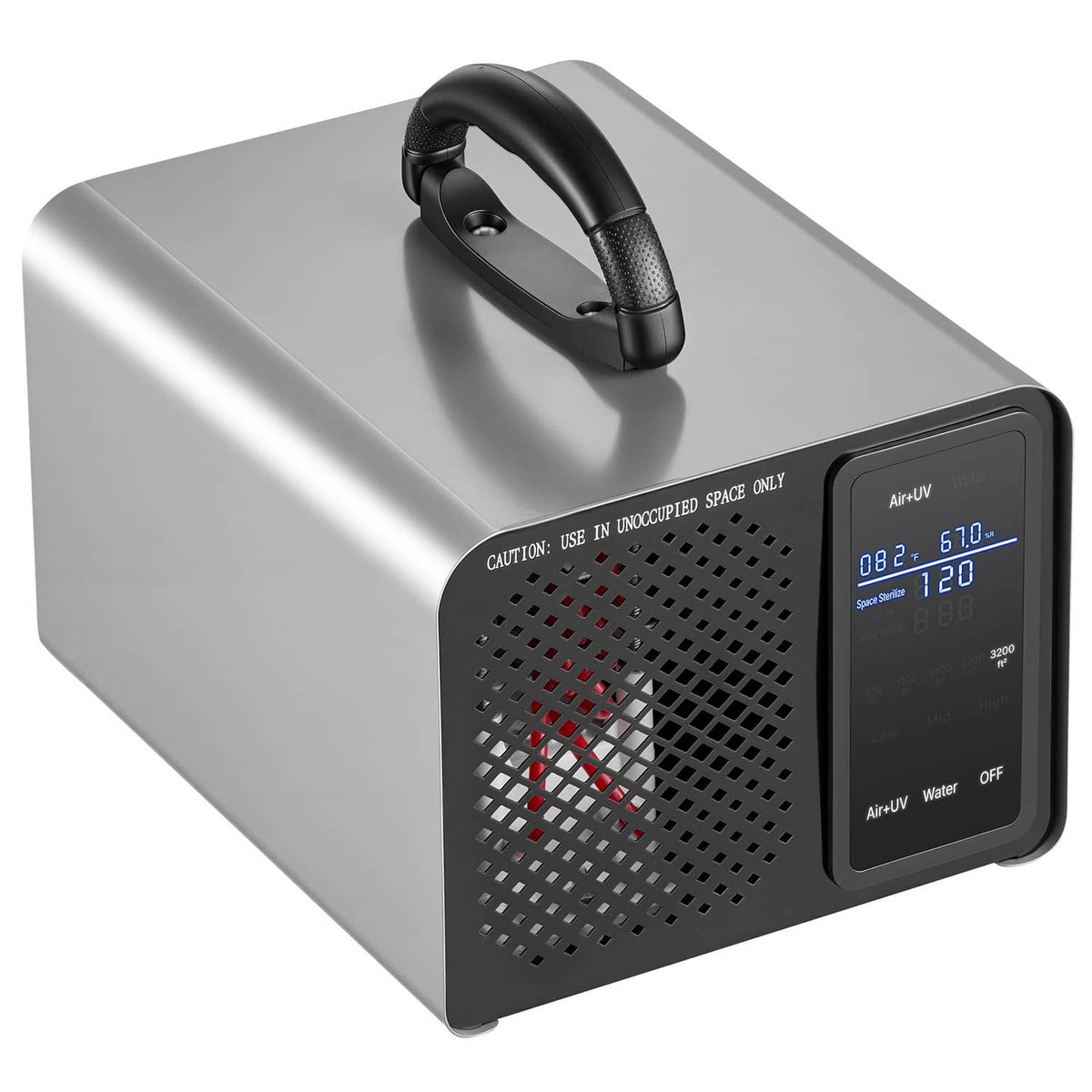 Ozone generator angled view with handle, vent grille, and illuminated touchscreen