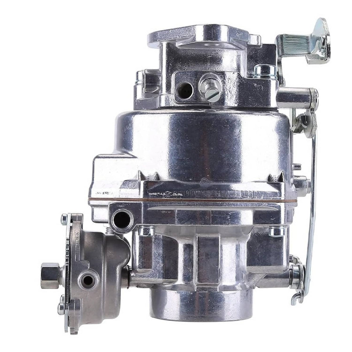 Carburetor with detailed side ports, upper housing cap, and linkage hardware