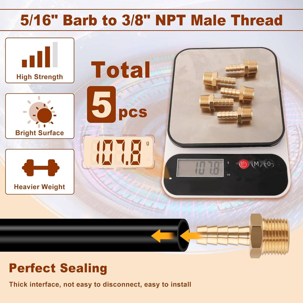 Set of five brass hose barb fittings, 5/16 in to 3/8 in NPT male