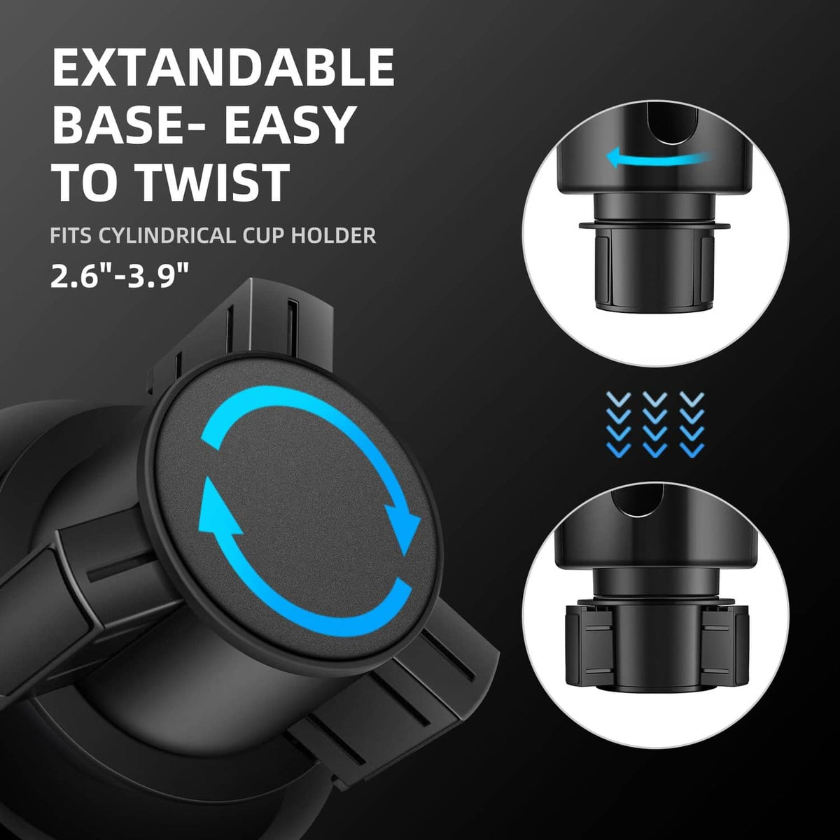 Black twist-open expandable base cup holder expander for cylindrical cups