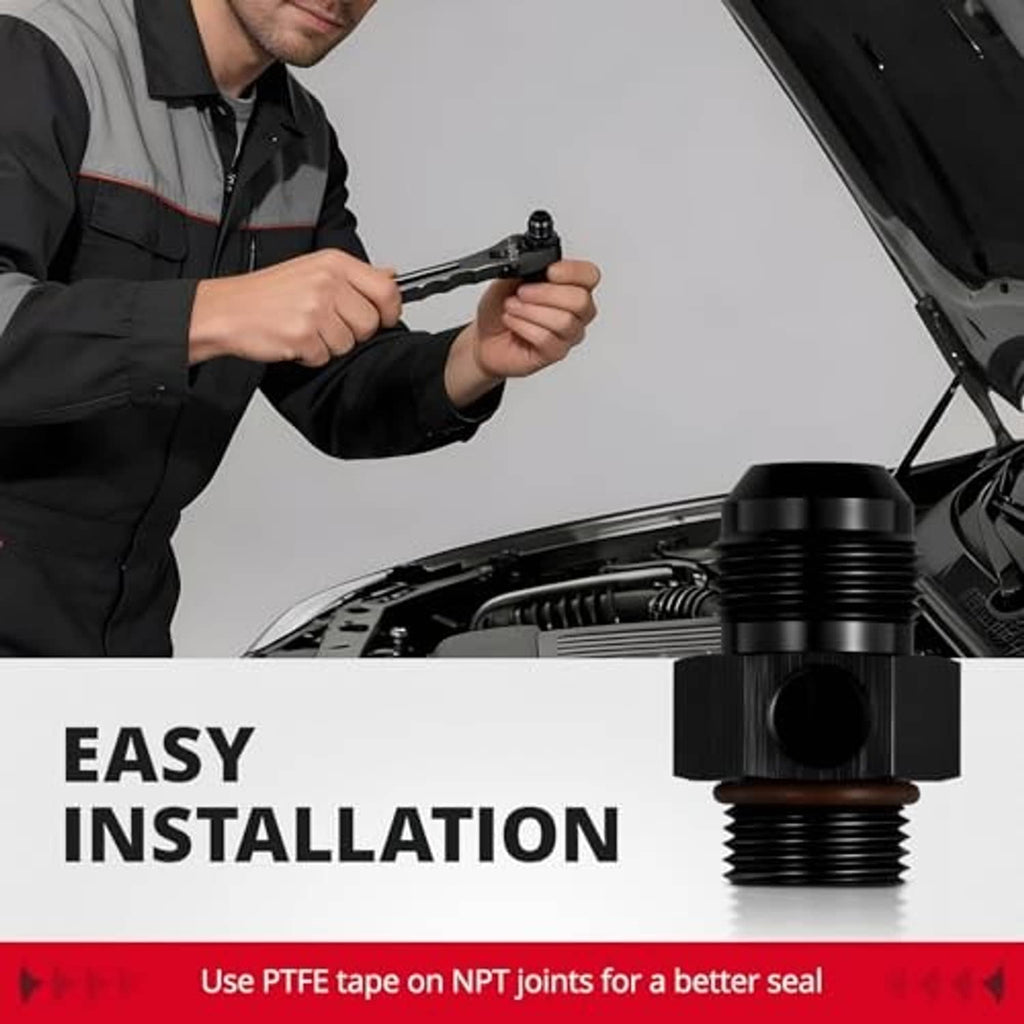 Black AN-ORB male gauge port fitting shown on engine bay during installation