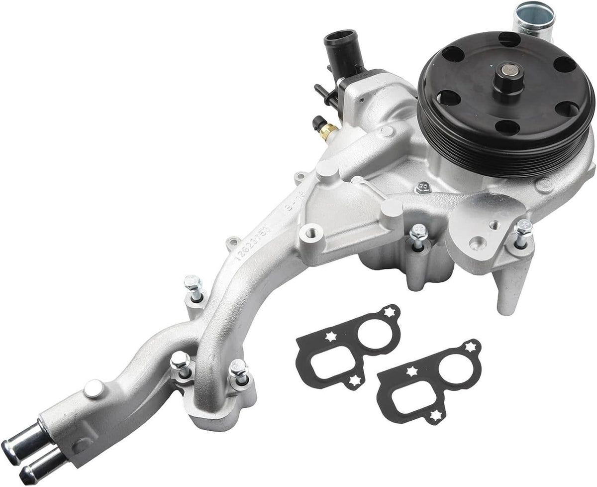 Water pump w/thermostat assembly with black pulley and two intake gaskets